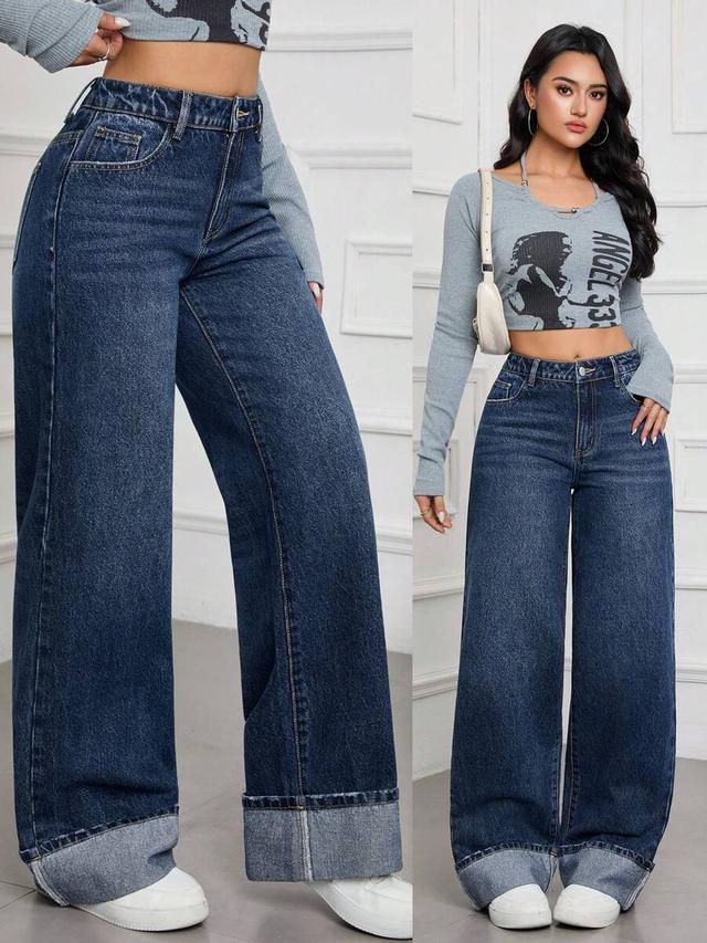 high-waisted wide-leg dark wash denim jeans
