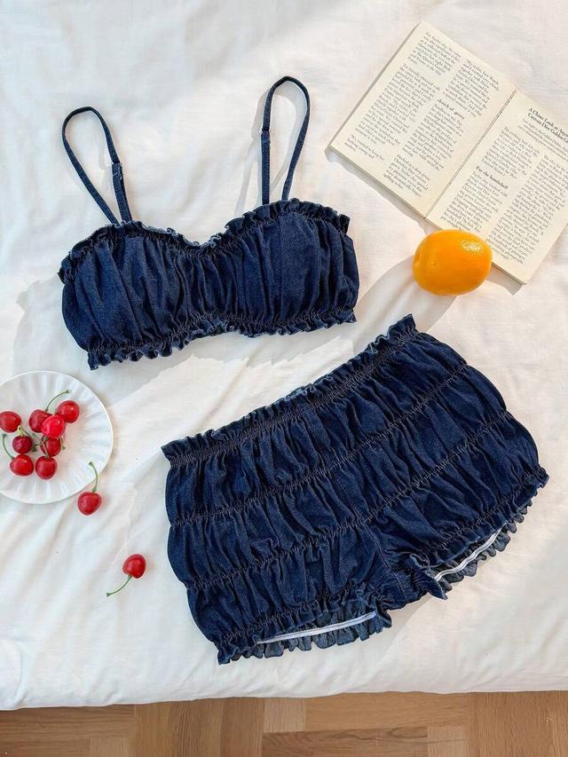 denim ruffled bikini set with shirred detailing