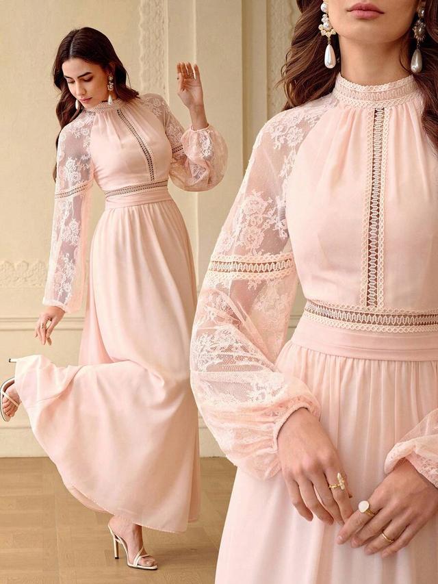 elegant romantic lace patchwork flare sleeve a-line dress