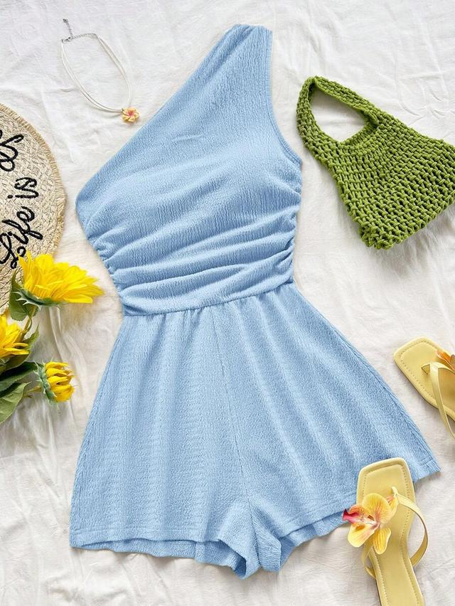 light blue one-shoulder textured playsuit
