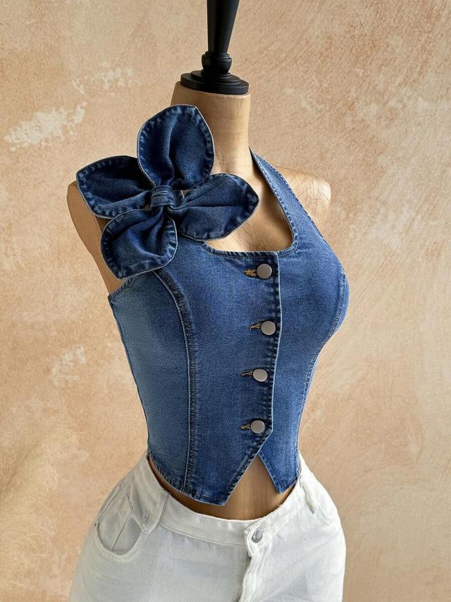 denim halter crop top with 3d floral bow