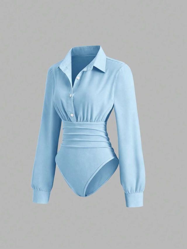 light blue collared long sleeve fitted bodysuit