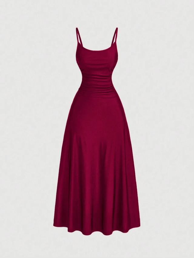 solid color ruched waist a-line sling dress
