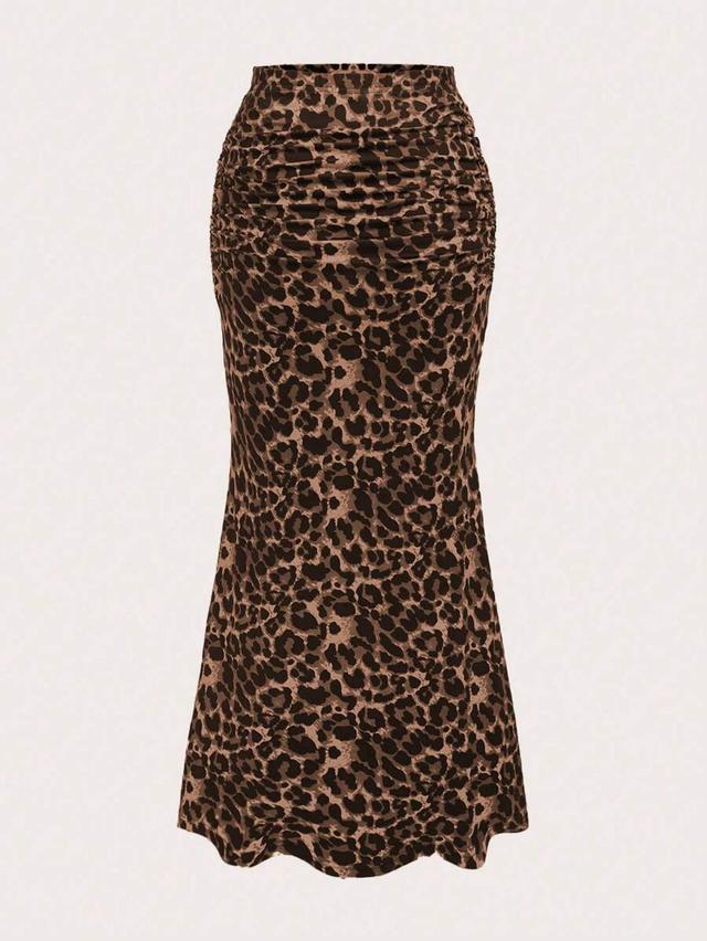leopard print pleated mermaid hem midi skirt