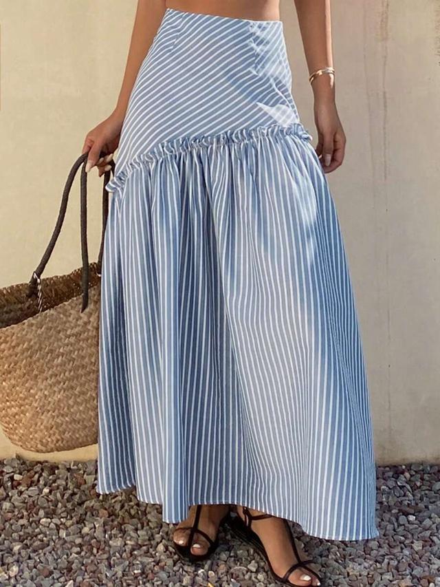 blue and white striped frill asymmetric high waist skirt