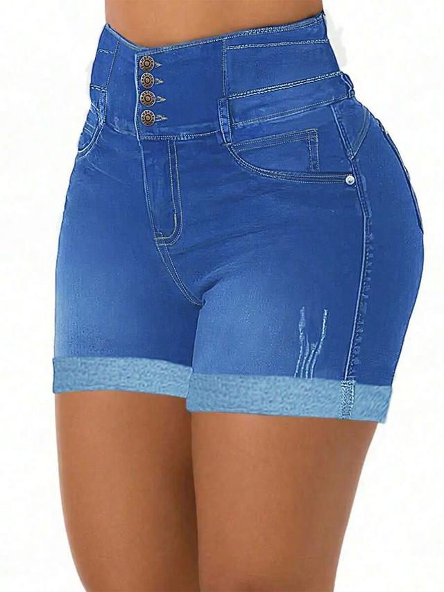 stretchy high-waisted single breasted denim shorts