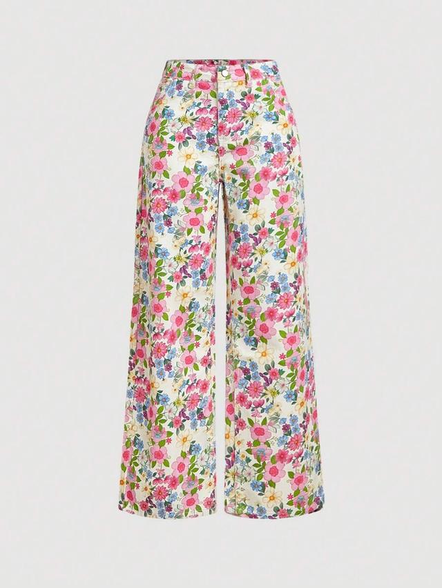women's elegant floral print wide leg jeans