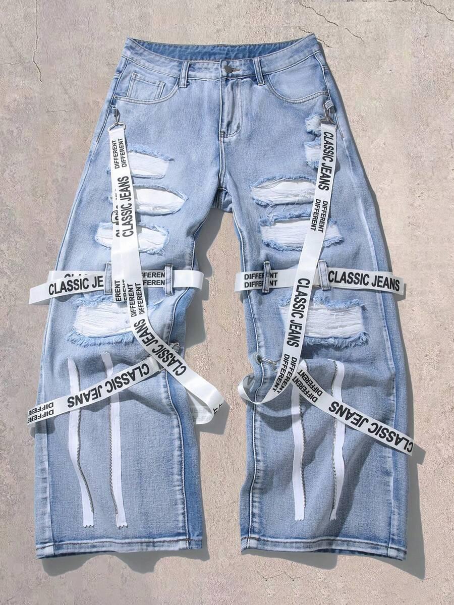 men's distressed wide leg jeans with letter tape design