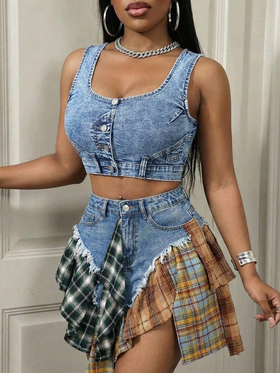 slaydiva women's front button super short denim vest top