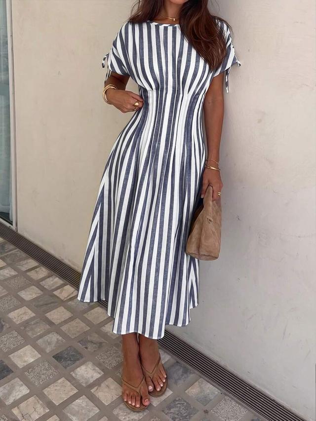 navy and white striped cotton maxi dress