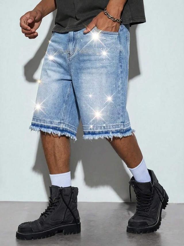 men's light wash denim shorts with rhinestone decor