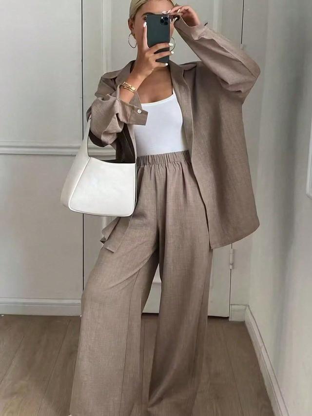 women's solid color loose shirt and wide leg pants set