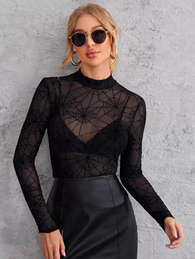 black spiderweb mesh mock neck long sleeve top