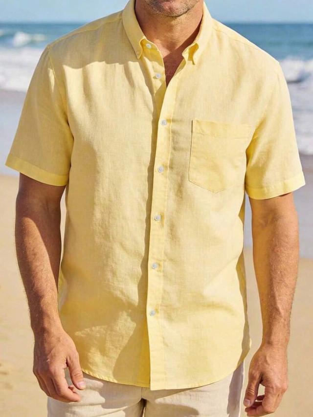 golden yellow men's yellow linen blend short sleeve casual shirt