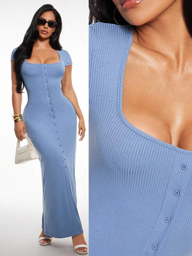 light blue ribbed knit button-front midi dress