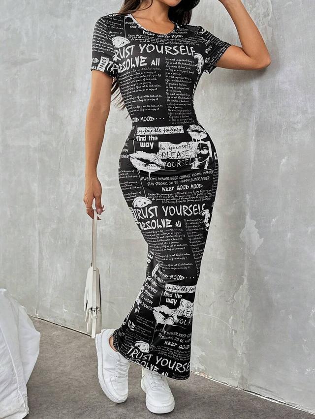 newspaper print short sleeve bodycon maxi dress