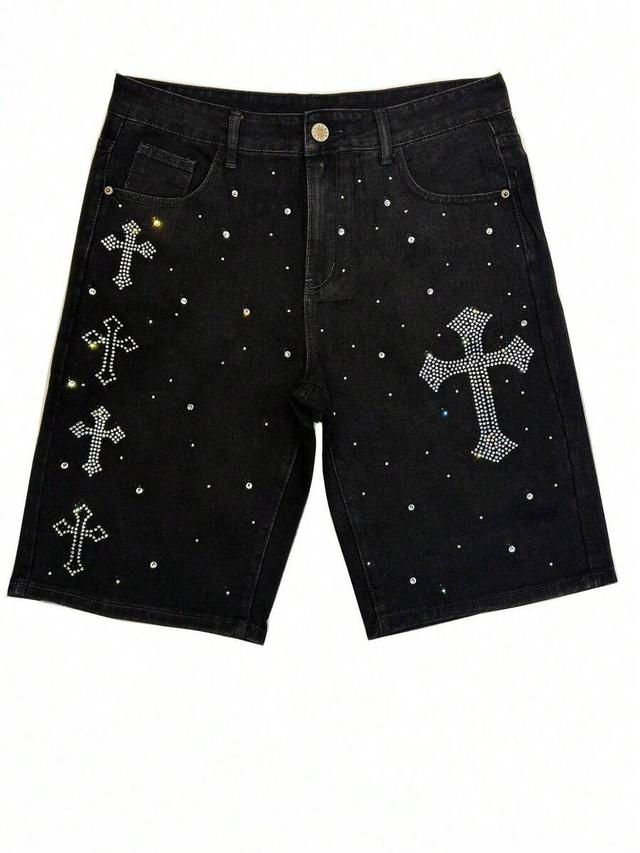 men's black denim shorts with rhinestone cross detailing