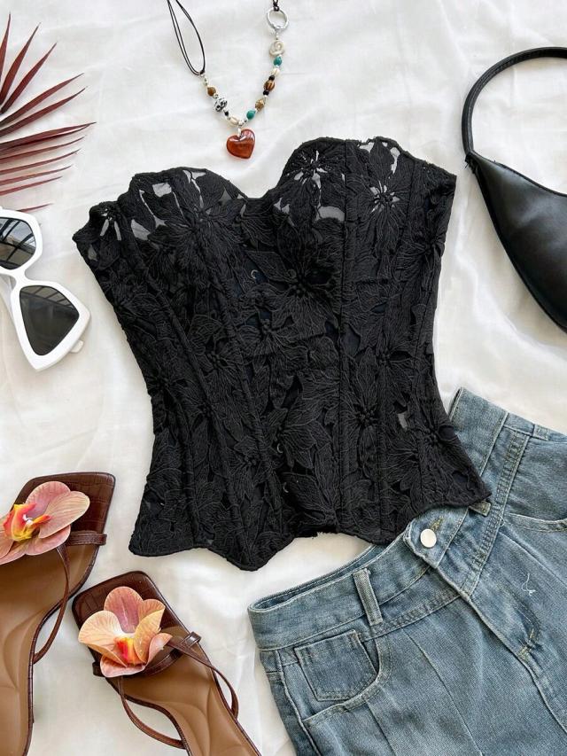 black floral lace bandeau fitted corset bustier top
