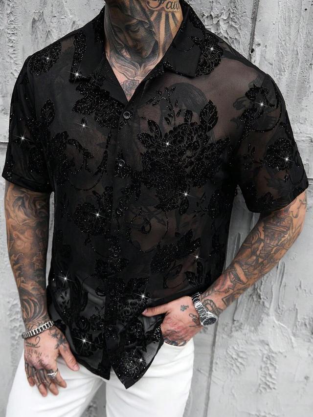 black floral velvet sequin sheer mesh cuban collar shirt