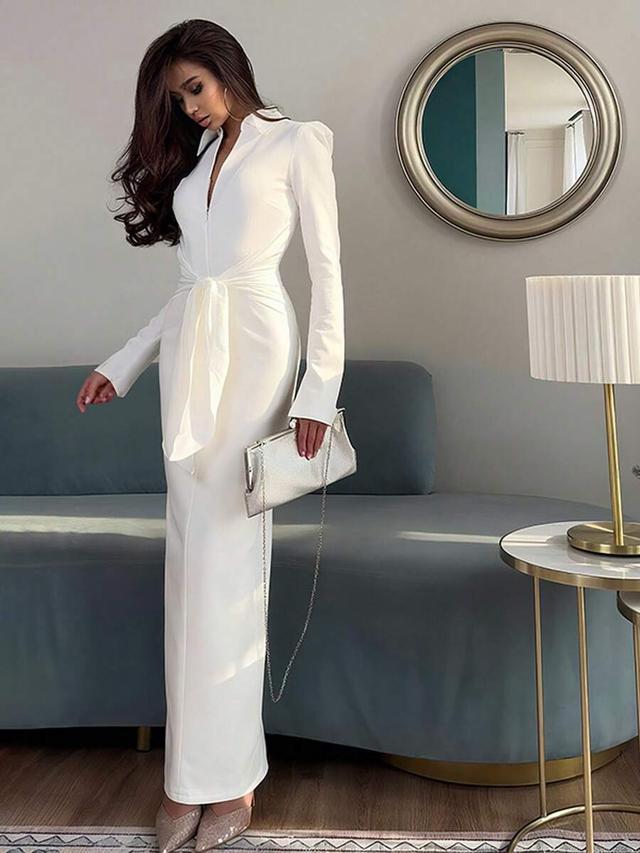 elegant white long sleeve collared cinched waist dress