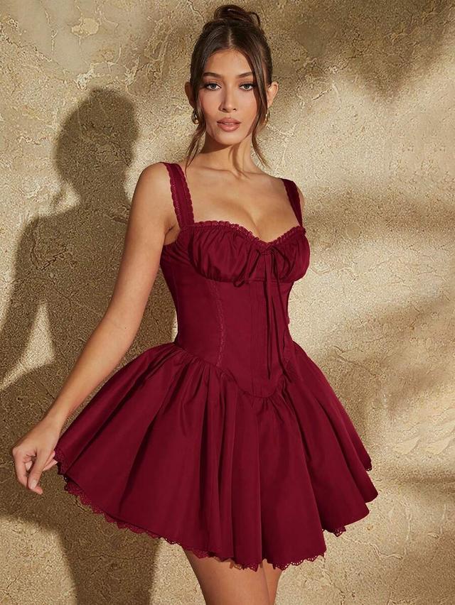 burgundy ruched camisole lace patchwork peplum short dress