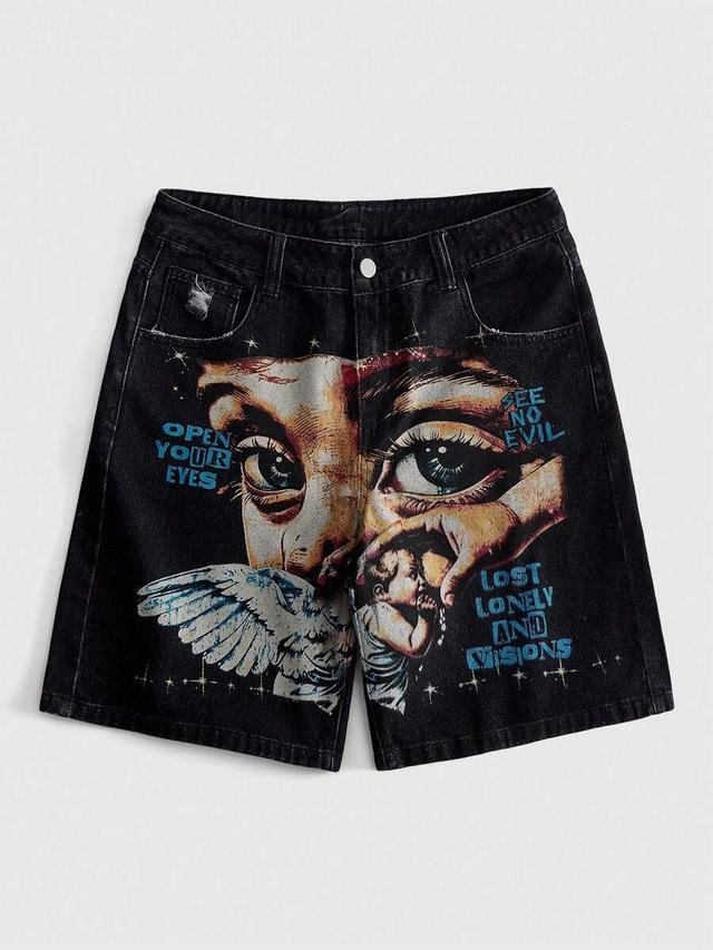 vintage black denim shorts with graphic print