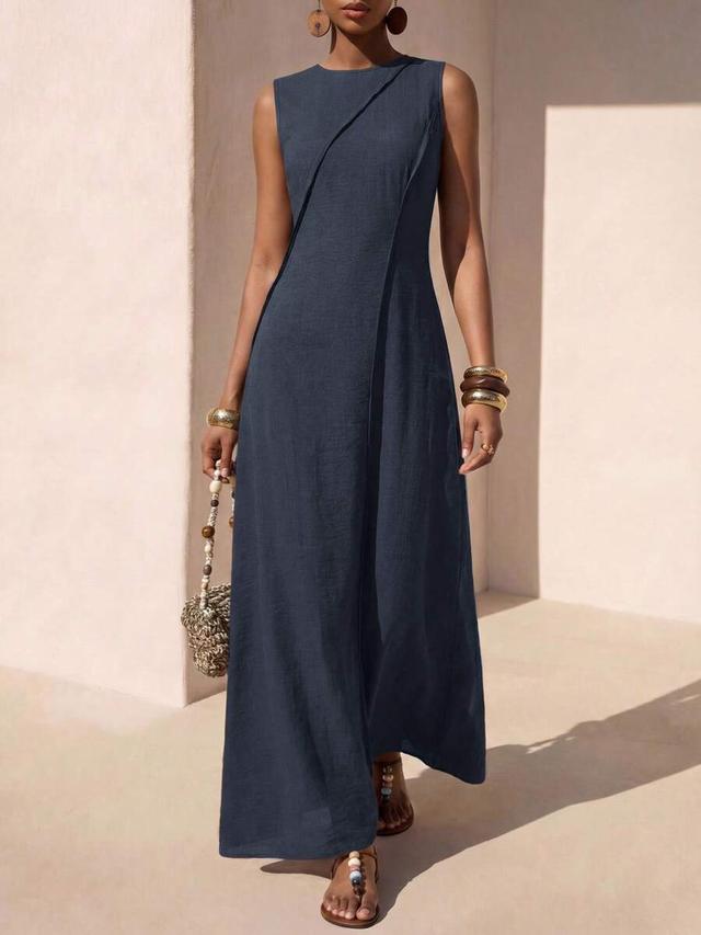 elegant navy blue linen sleeveless a-line maxi dress