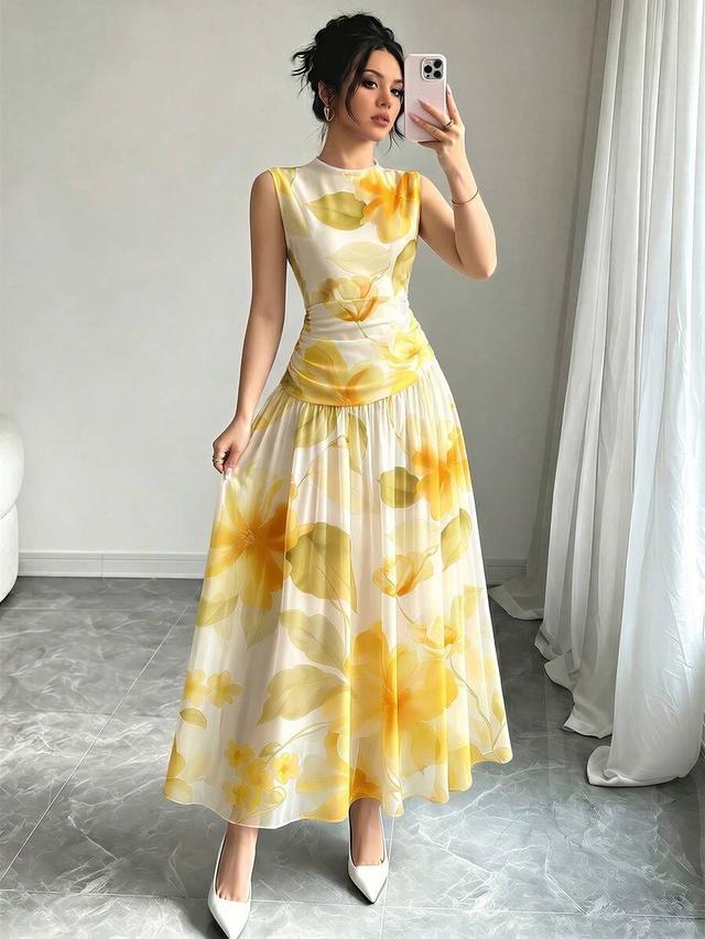 light yellow floral print sleeveless ruched waist maxi dress