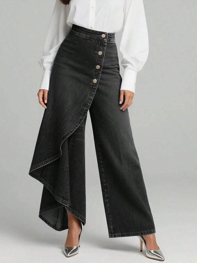 charcoal high waist asymmetric ruffle panel denim trousers