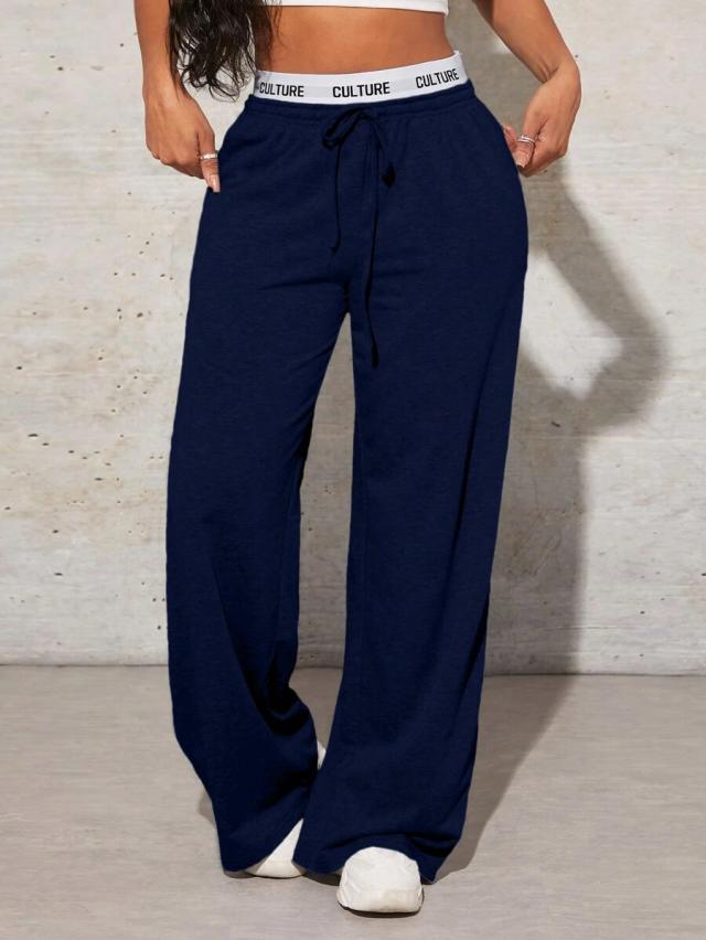 navy blue knitted casual wide leg sweatpants
