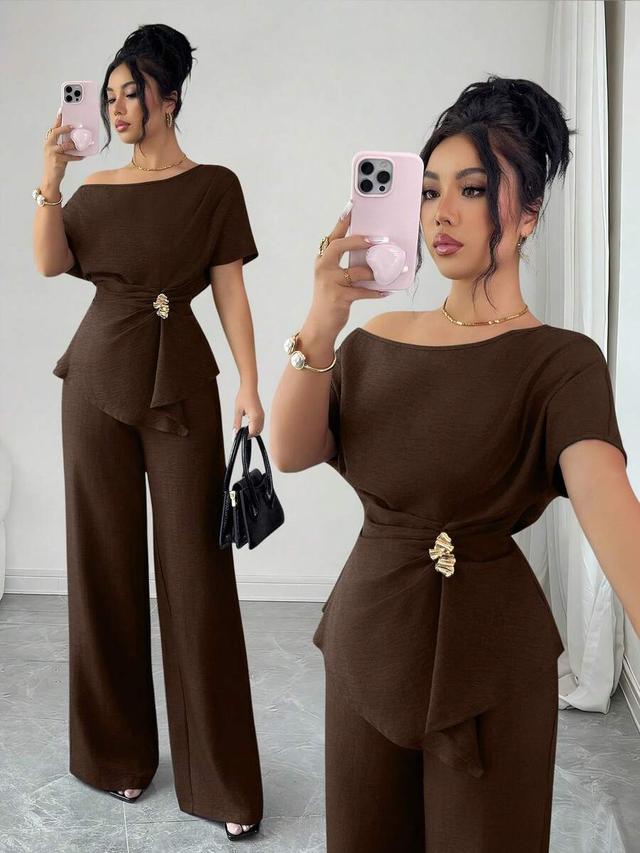 dark brown asymmetric one shoulder waist buckle set