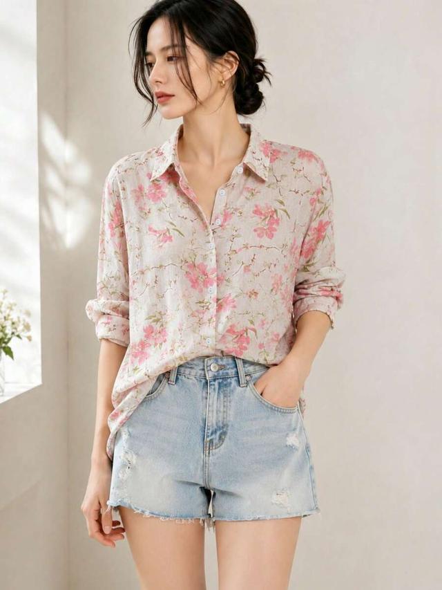french style pink ditsy floral collared blouse