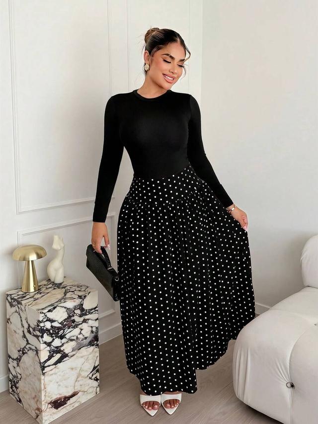 black polka dot print tiered a-line maxi skirt