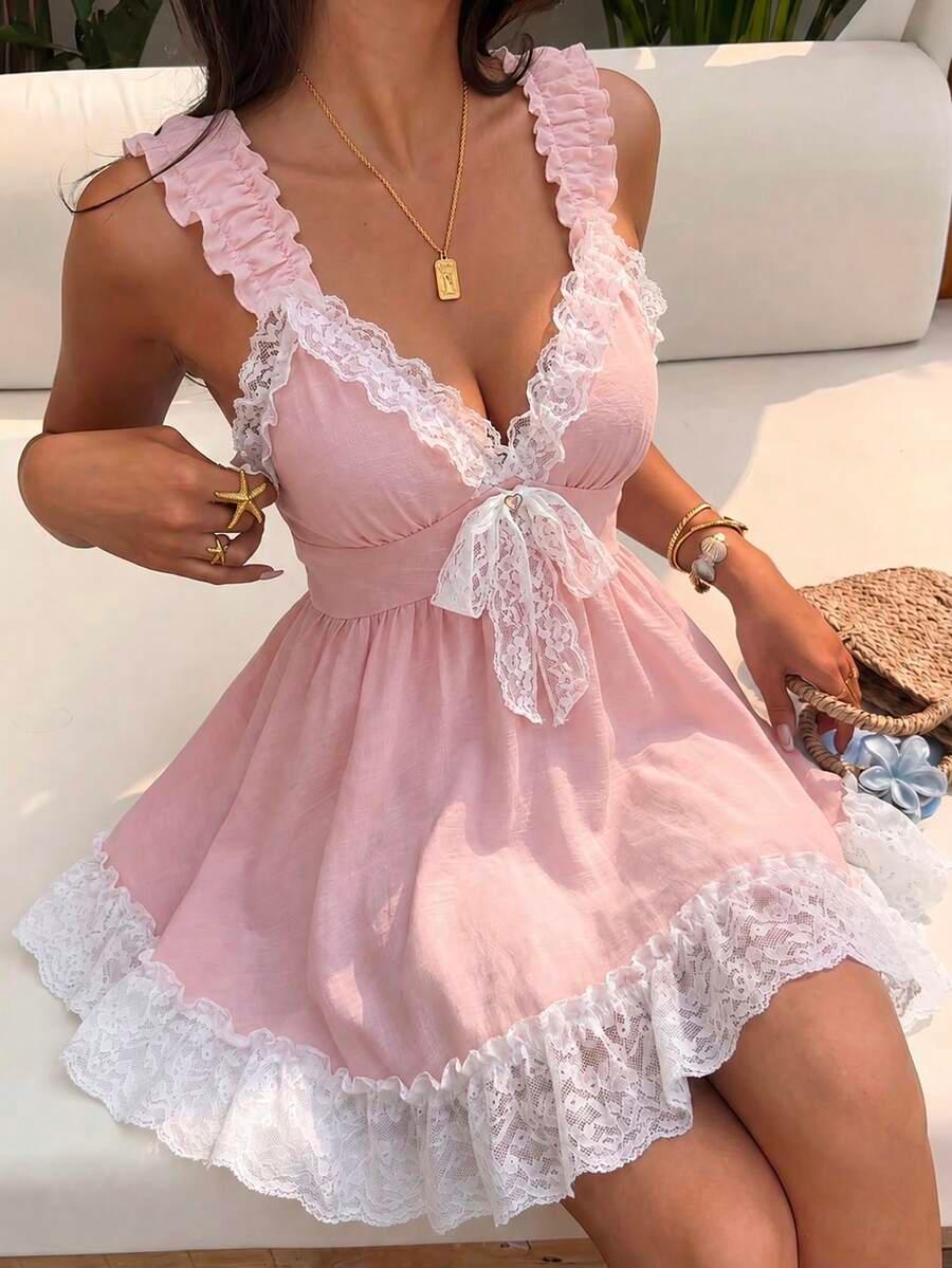 dusty pink sweetheart lace patchwork bow tie dress