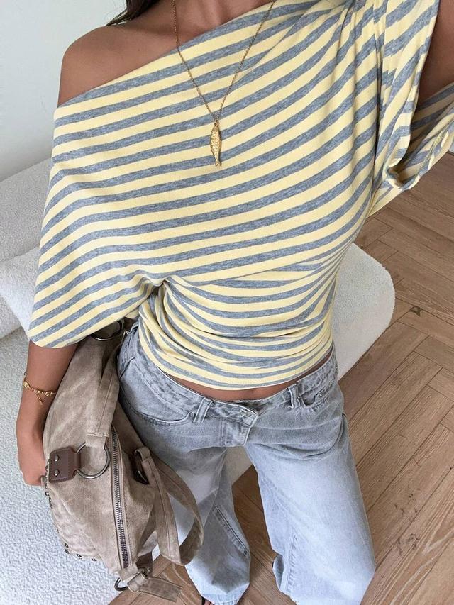 yellow and grey striped asymmetric off-shoulder loose top