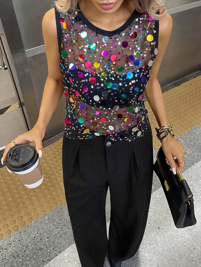 black sheer netting crop top with colorful sequins