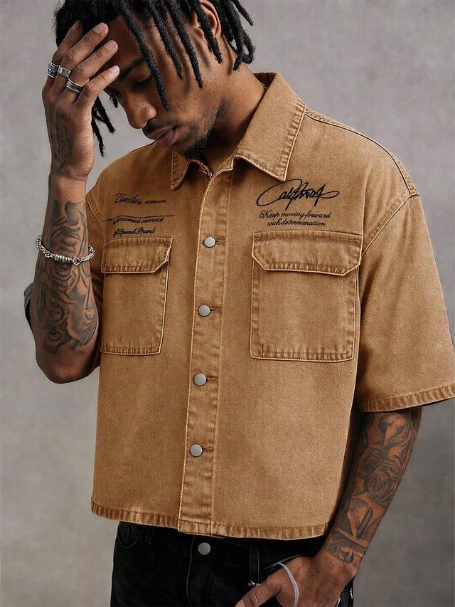 brown slogan print utility denim short sleeve shirt