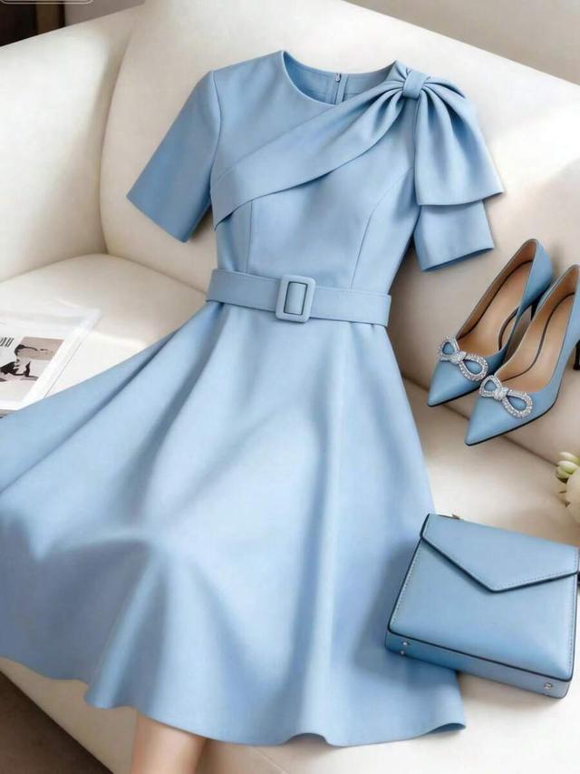 light blue elegant a-line dress with bow detail