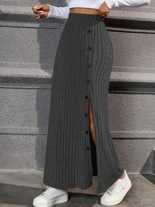 charcoal grey ribbed knit button front maxi skirt