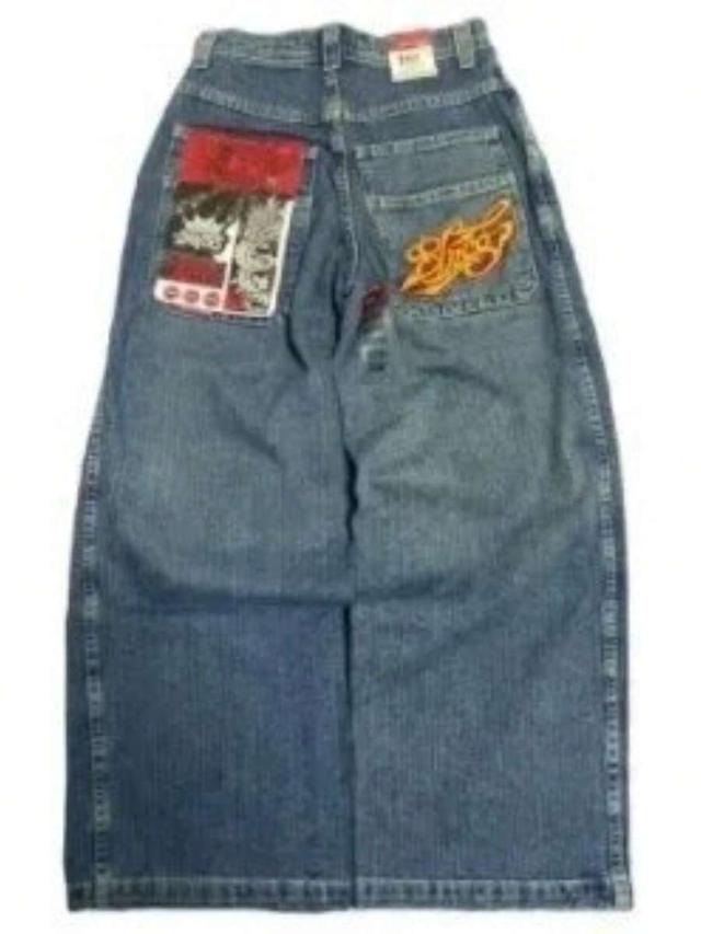 y2k loose fit denim jeans with graphic back pockets