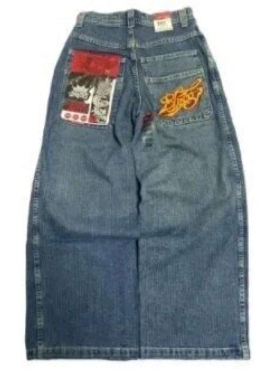 y2k loose fit denim jeans with graphic back pockets