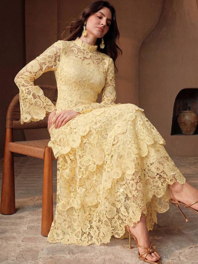 yellow lace trim multi-layer cake long sleeve dress