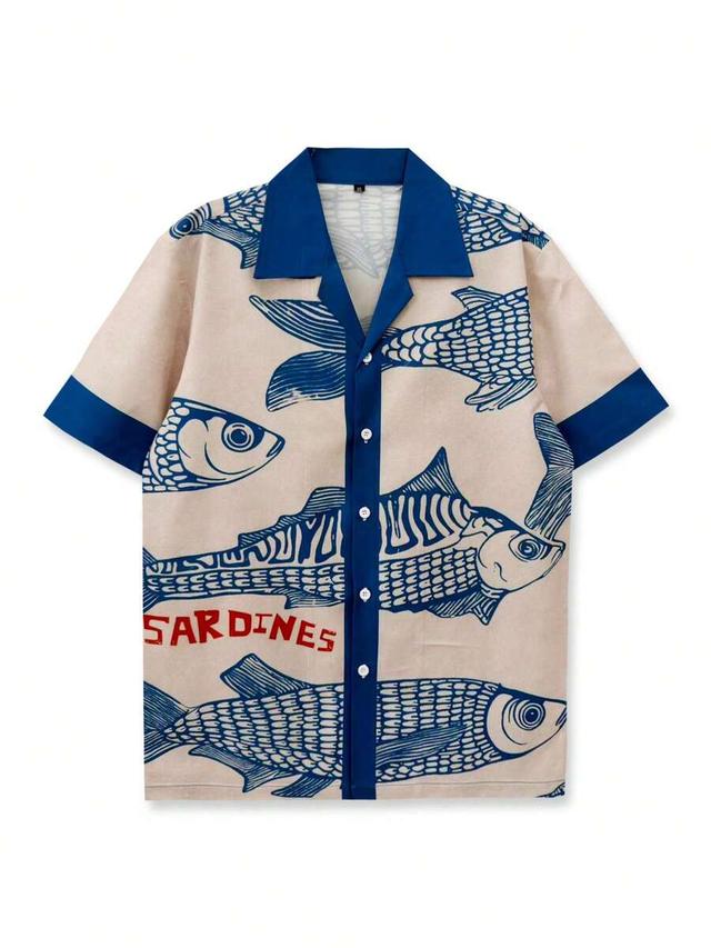 printed fish pattern blue colorblock short sleeve shirt