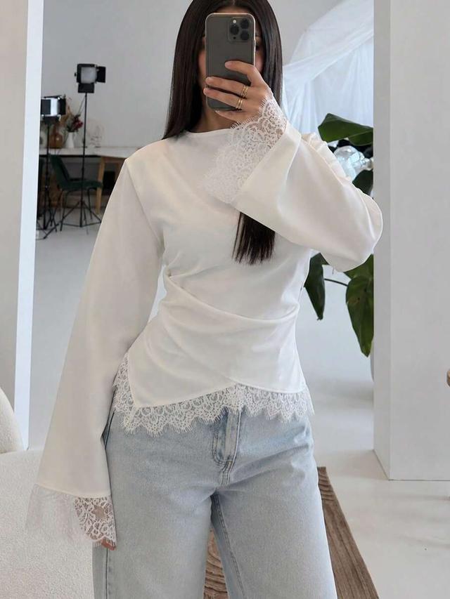 elegant white lace patchwork criss-cross front blouse