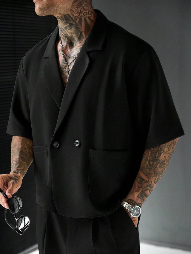 solid black short sleeve shirt with lapel
