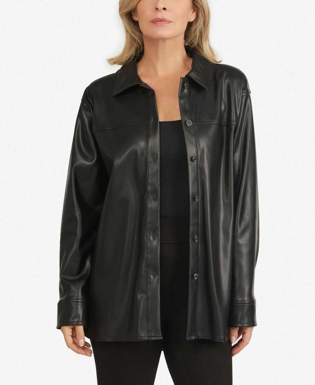women's black polyurethane leather snap shacket