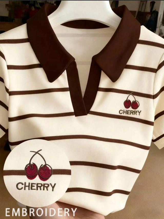 striped print letter embroidery casual short sleeve top