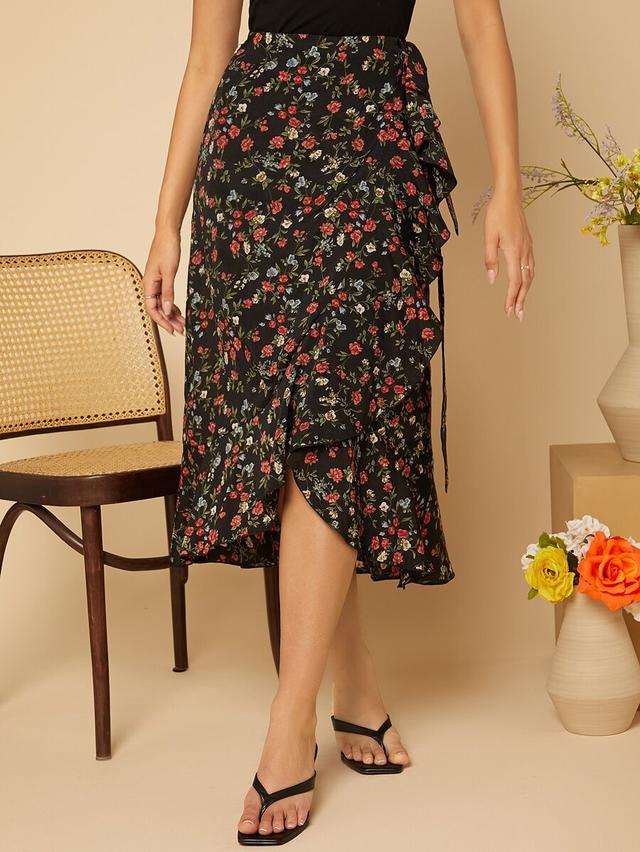ditsy floral ruffle trim wrap knot skirt