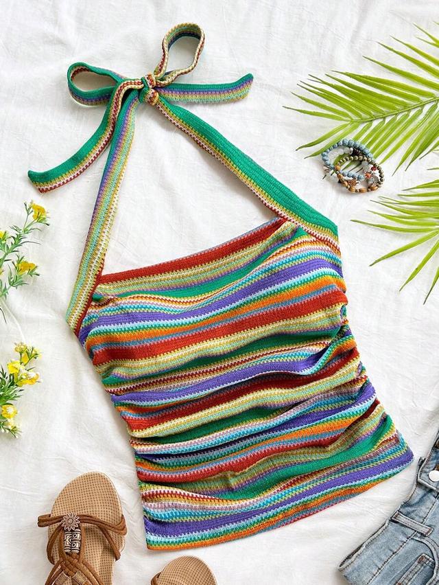 soleia women's halter neck top with color blocking stripes