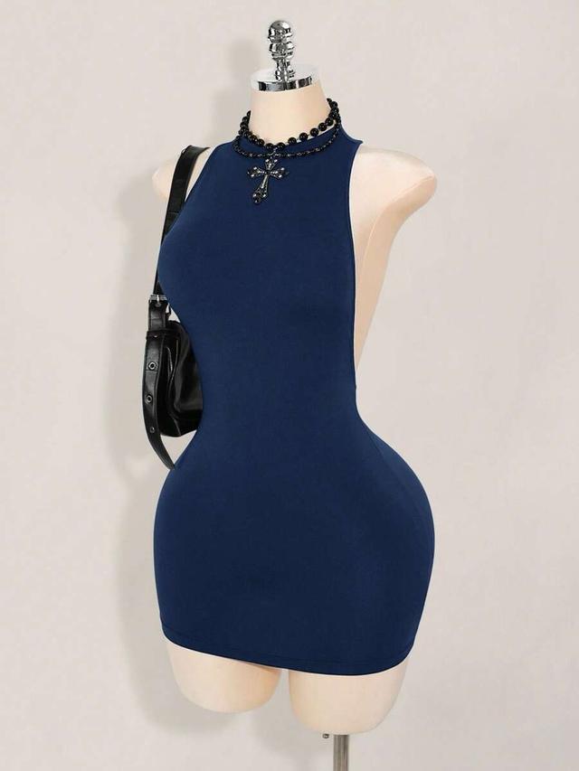 navy blue sleeveless bodycon mini dress